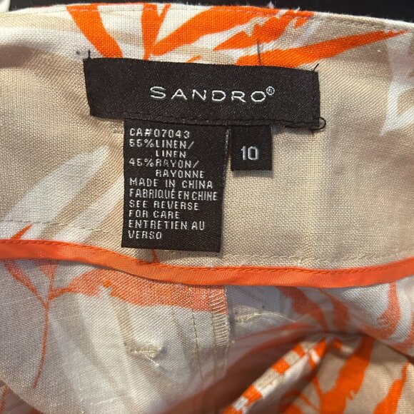 Sandro Linen Blend Tropical Print Mini Skirt Tan Orange Sz 10 Belt Pleated Light - Picture 4 of 5